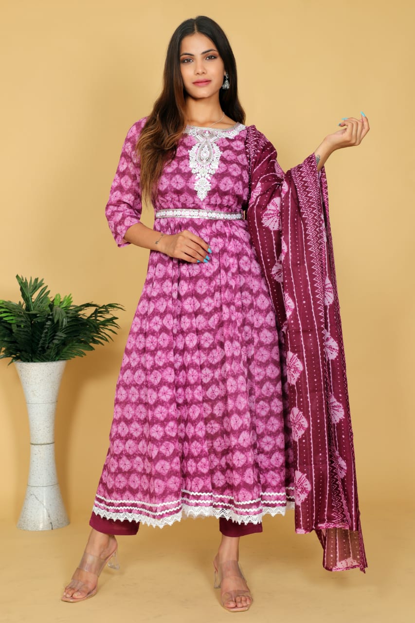 Magenta Anarkali Printed Suit Set with Dupatta