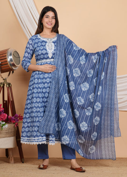 Blue Printed Suit Set with Dupatta