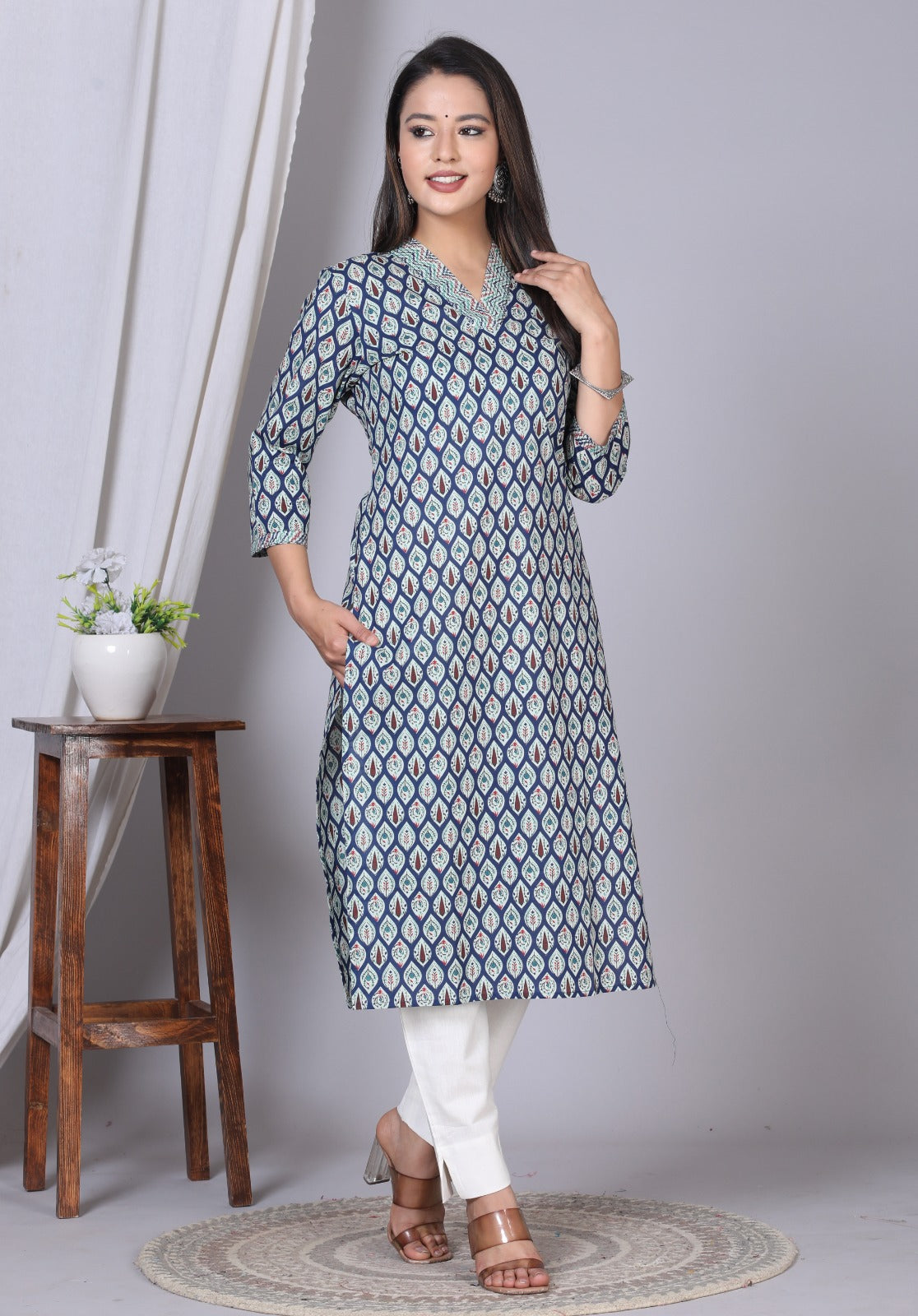 Blue Cotton Straight Kurta Pants Set