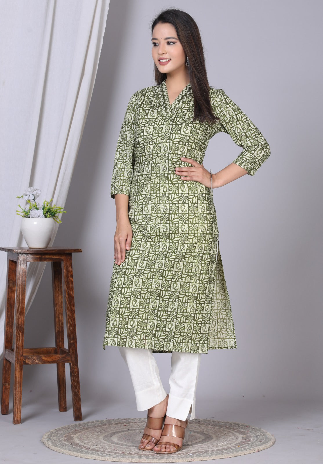 Green Cotton Straight Kurta Pants Set