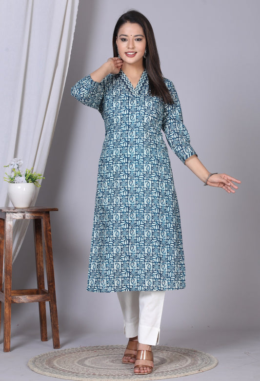 Blue Cotton Straight Kurta Pants Set