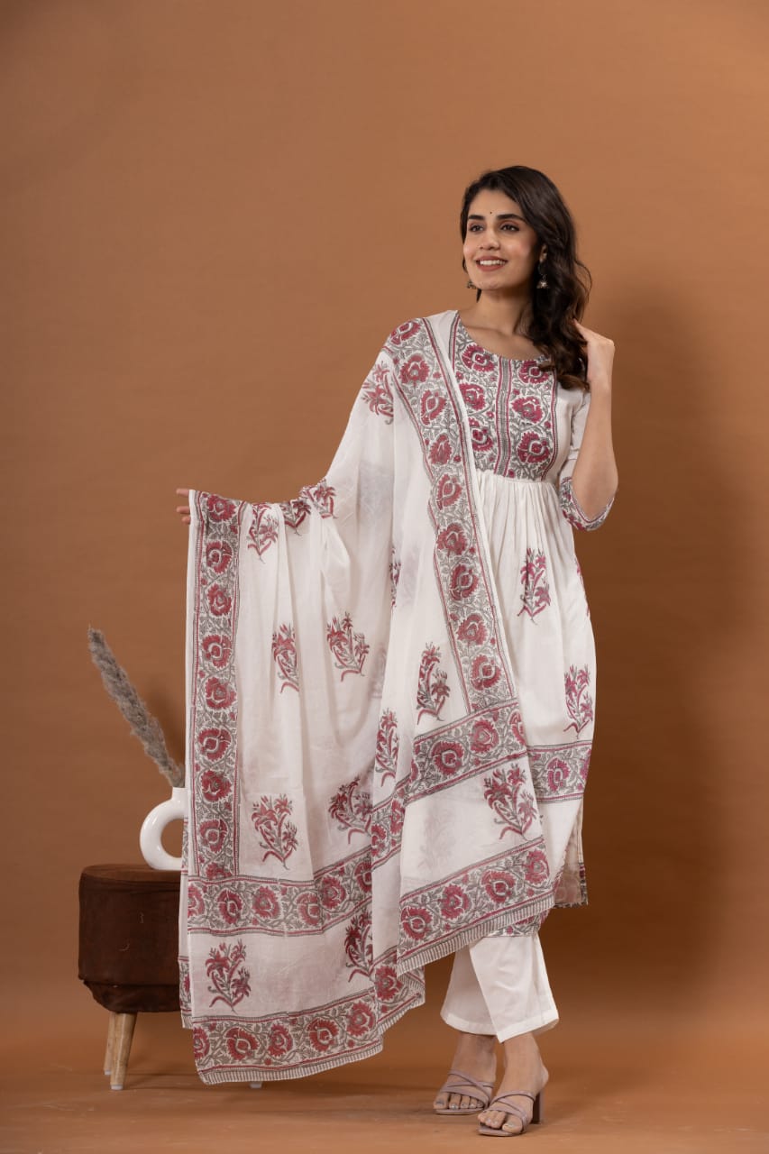 White Red Printed Suit Set with Dupatta