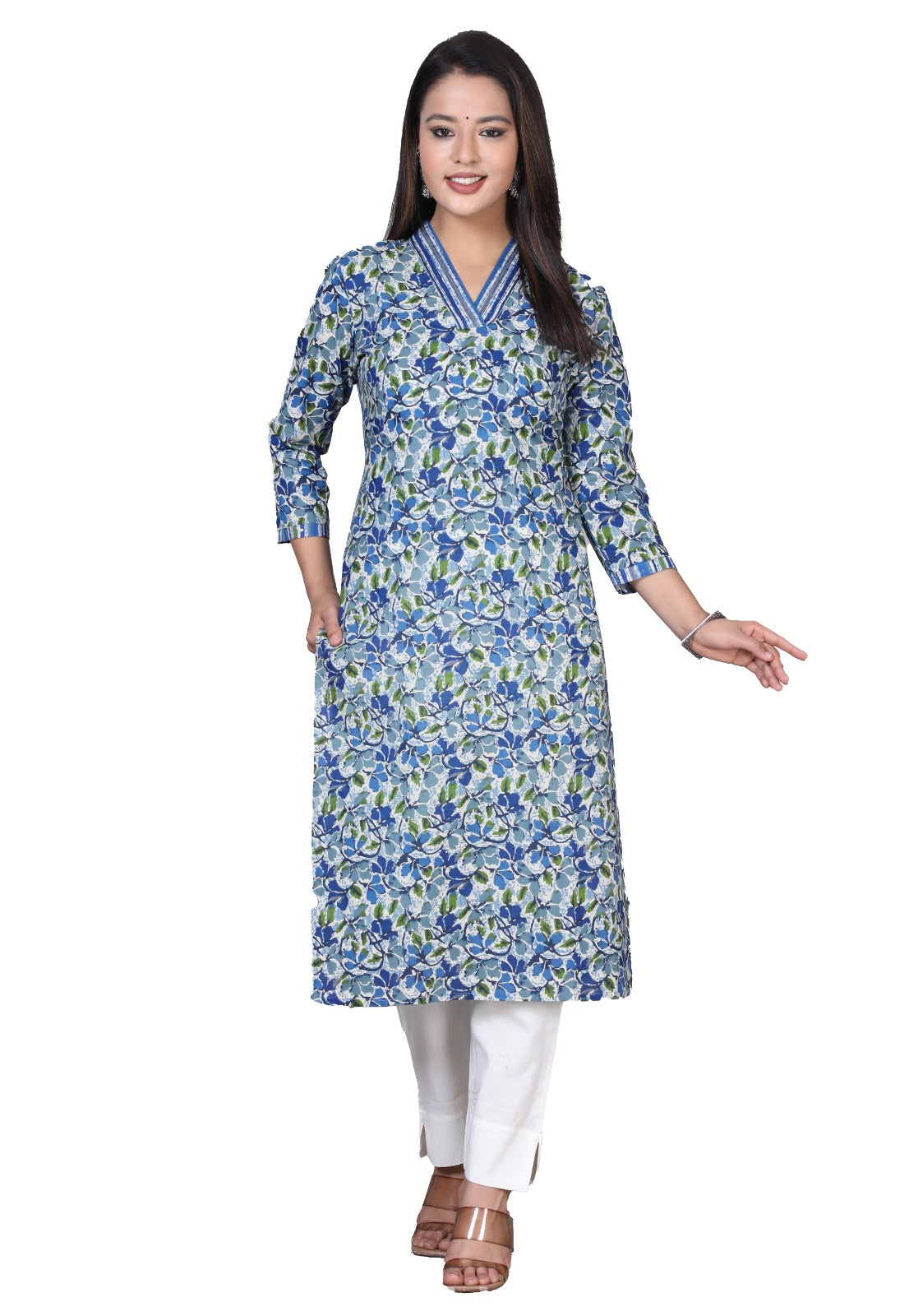 Blue Cotton Straight Kurta Pants Set