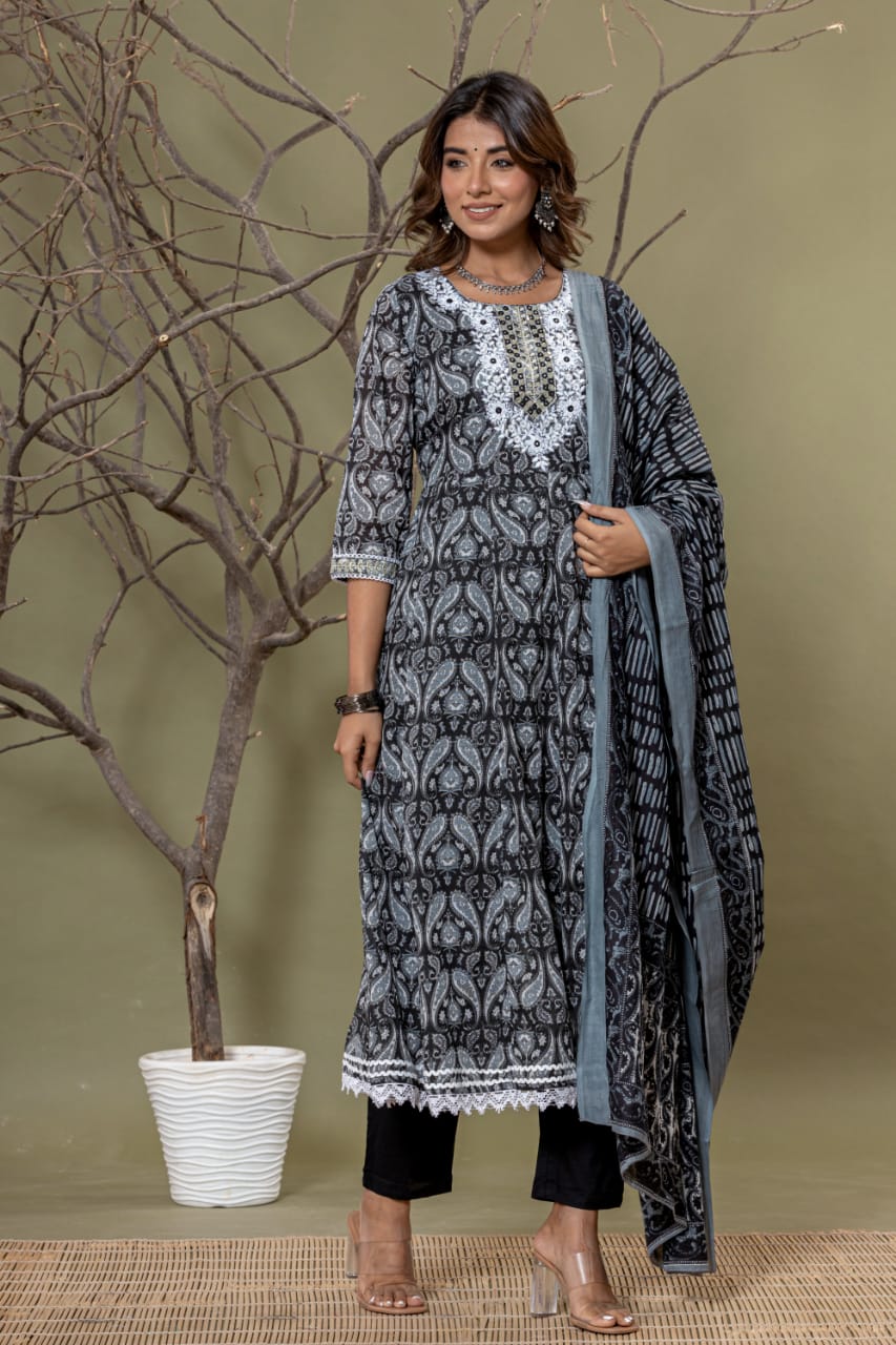 Black Printed Suit Set with Dupatta