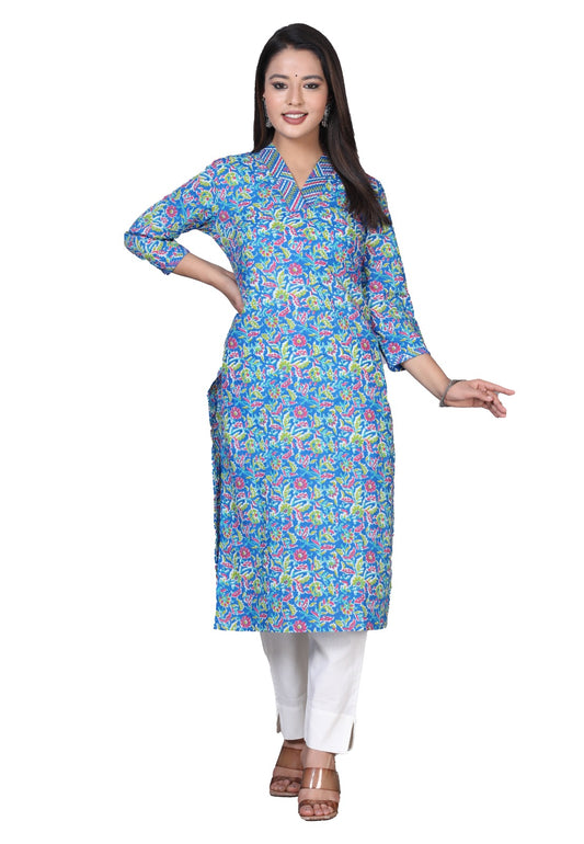 Blue Cotton Straight Kurta Pants Set