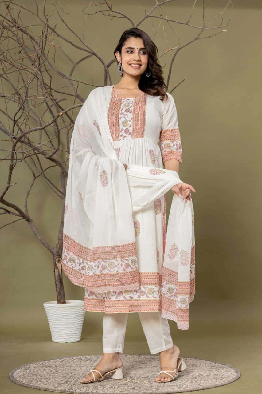 White Peach Anarkali Printed Suit Set with Dupatta