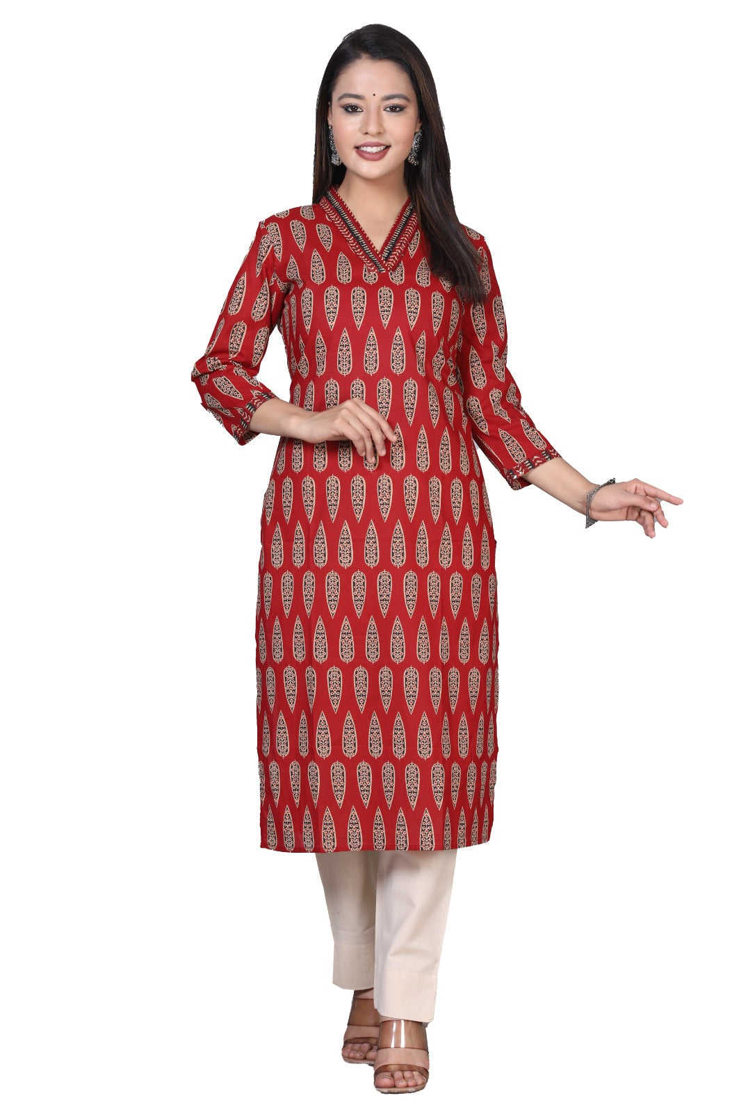 Red Cotton Straight Kurta Pants Set