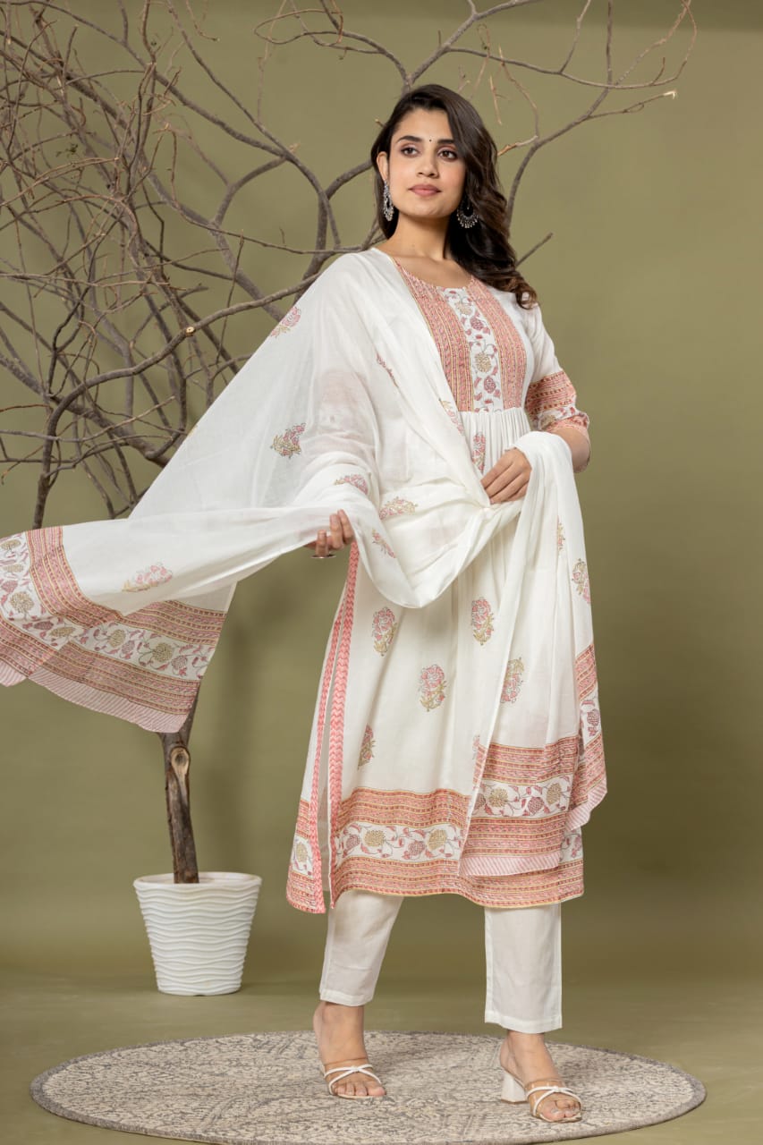 White Peach Anarkali Printed Suit Set with Dupatta