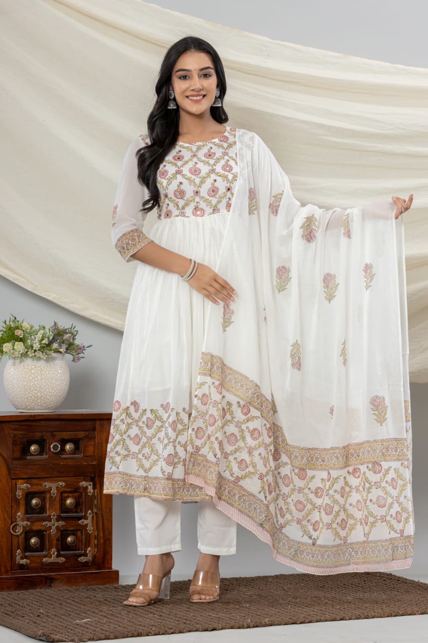 White Brown Printed Suit Set with Dupatta