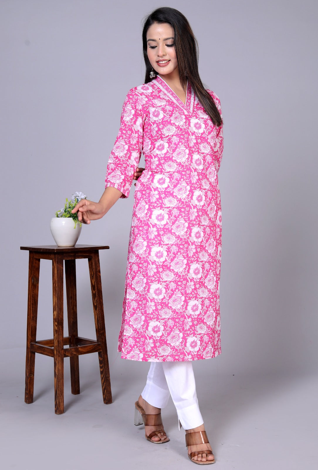 Pink Cotton Straight Kurta Pants Set