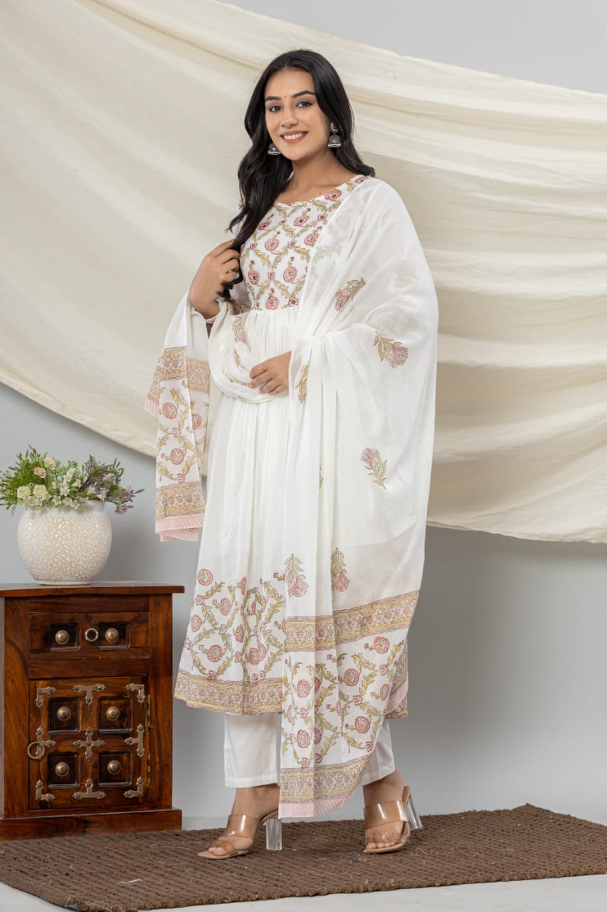 White Brown Printed Suit Set with Dupatta