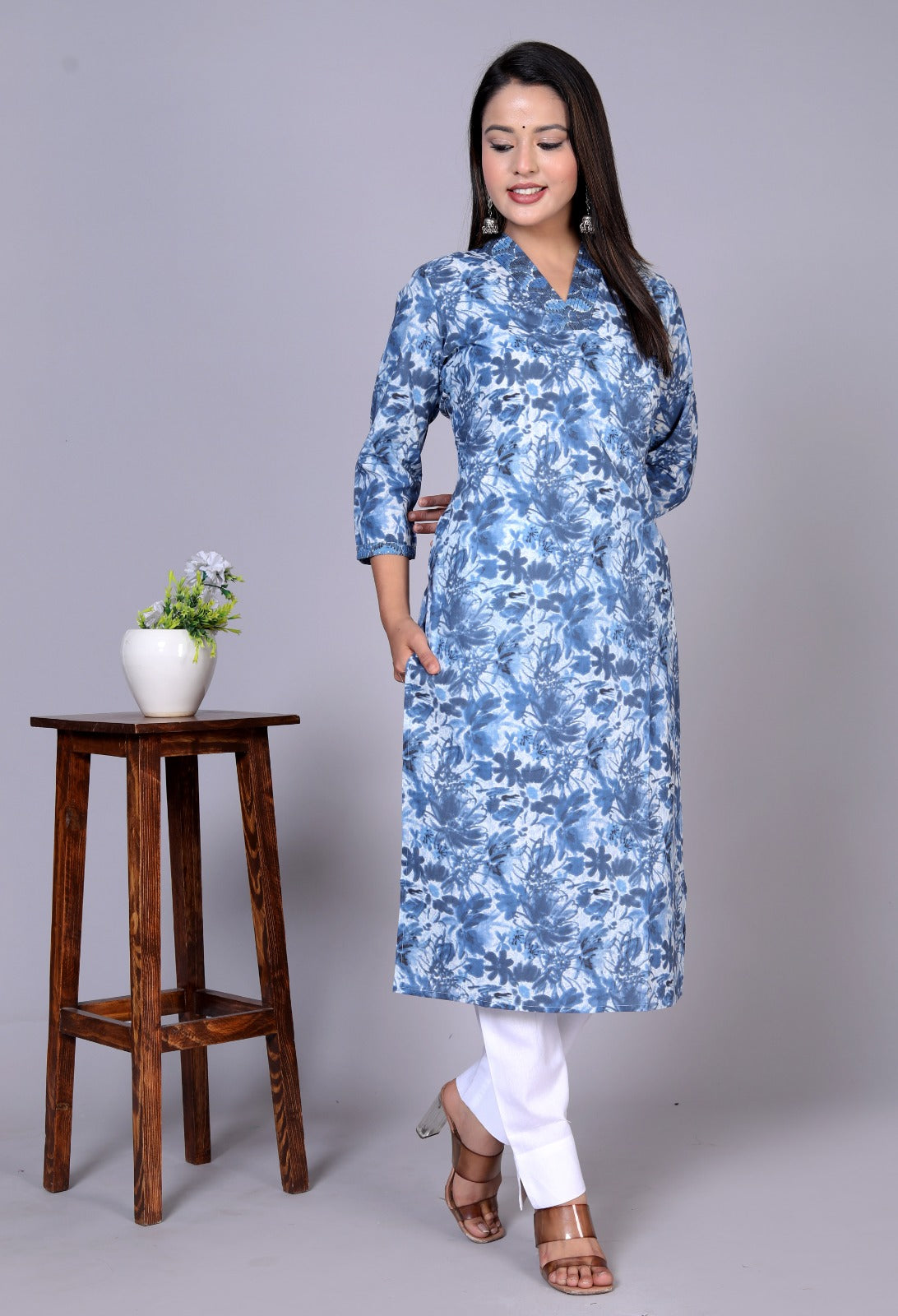 Blue Cotton Straight Kurta Pants Set