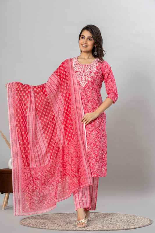 Pink Floral Print Suit Set with Dupatta