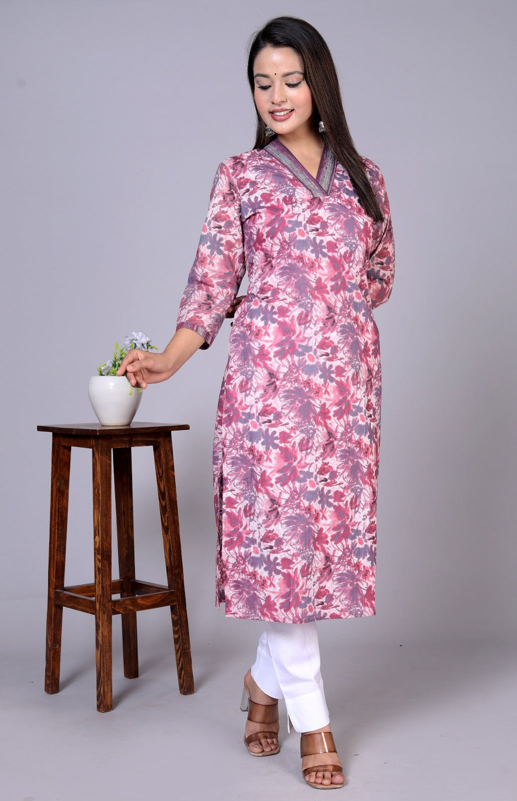 Pink Cotton Straight Kurta Pants Set