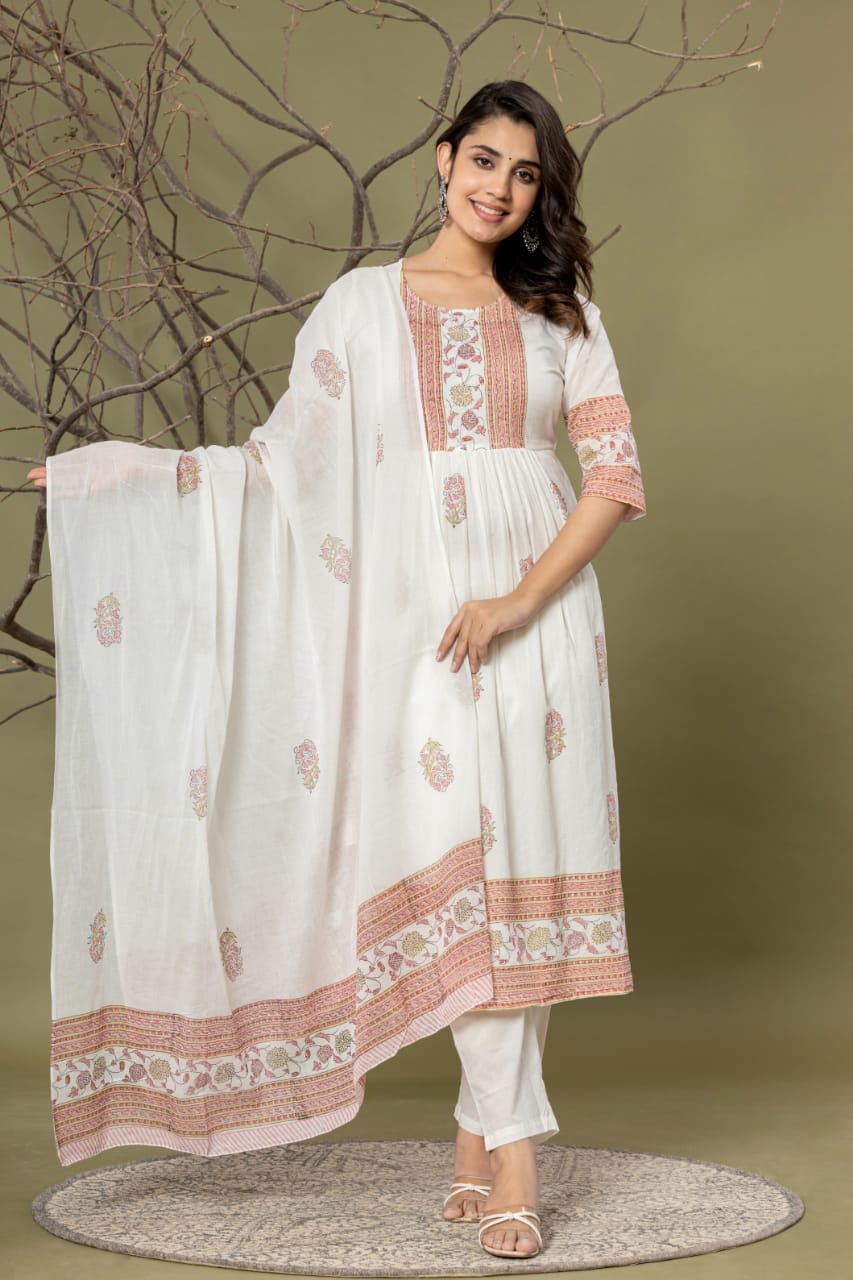 White Peach Print Suit Set with Dupatta