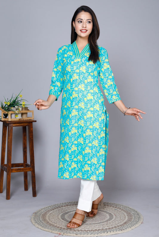 Sea Green Cotton Straight Kurta Pants Set