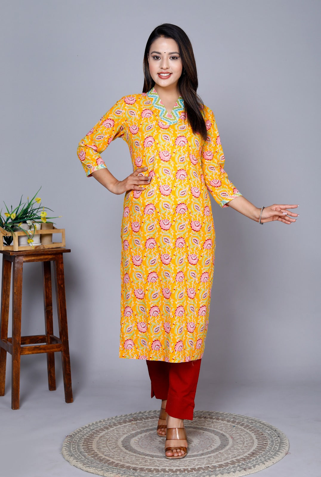 Mustard Cotton Straight Kurta Pants Set