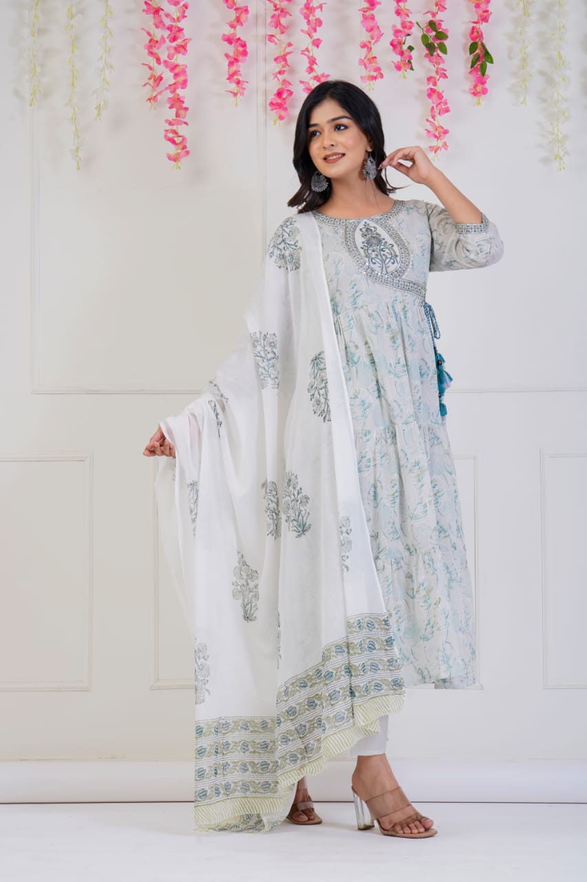 White Grey Printed Suit Set with Dupatta