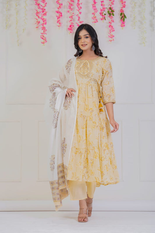 Light Yellow Printed Suit Set with Dupatta