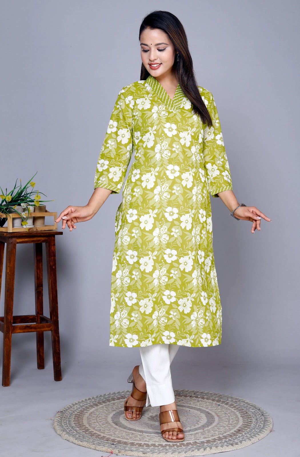 Light Green Cotton Straight Kurta Pants Set