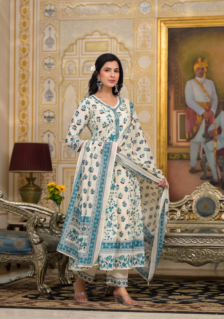 White Sea Green Suit Set with Dupatta