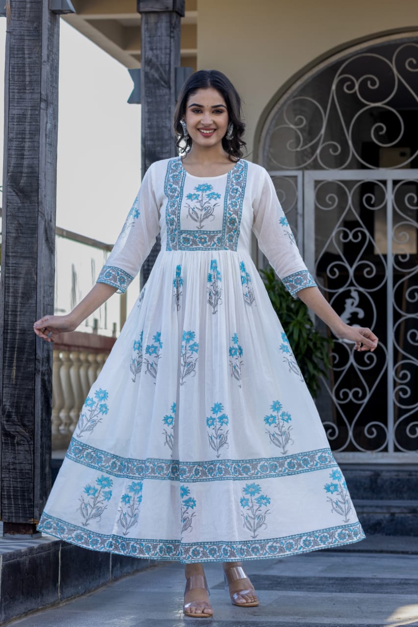 White Blue Printed Dress