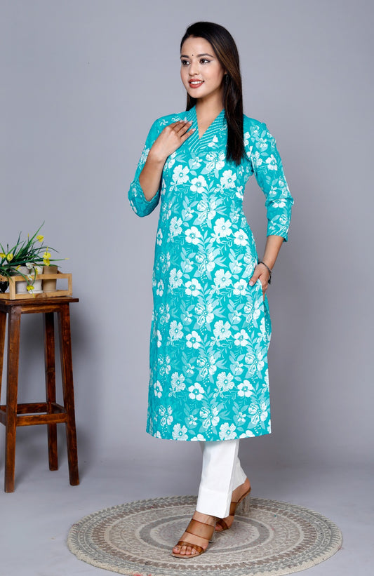 Sea Green Cotton Straight Kurta Pants Set