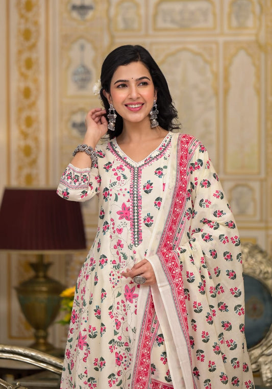 White Baby Pink Printed Suit Set with Dupatta