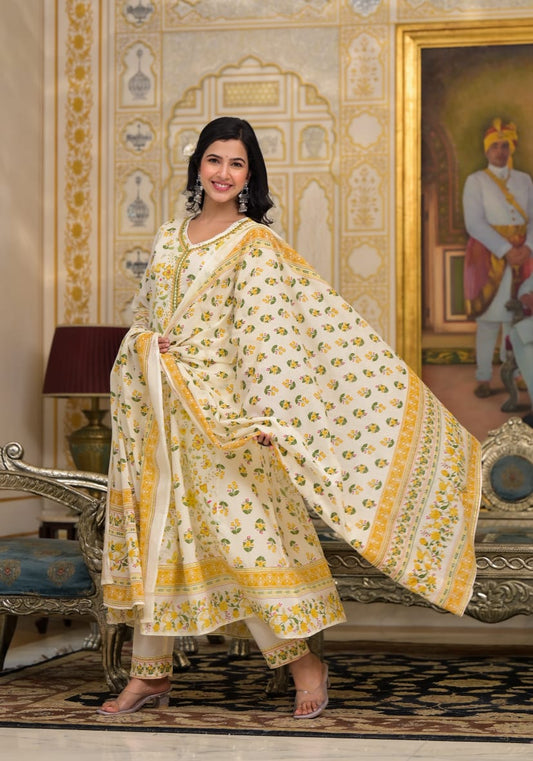 Cream Yellow Printed Suit Set with Dupatta