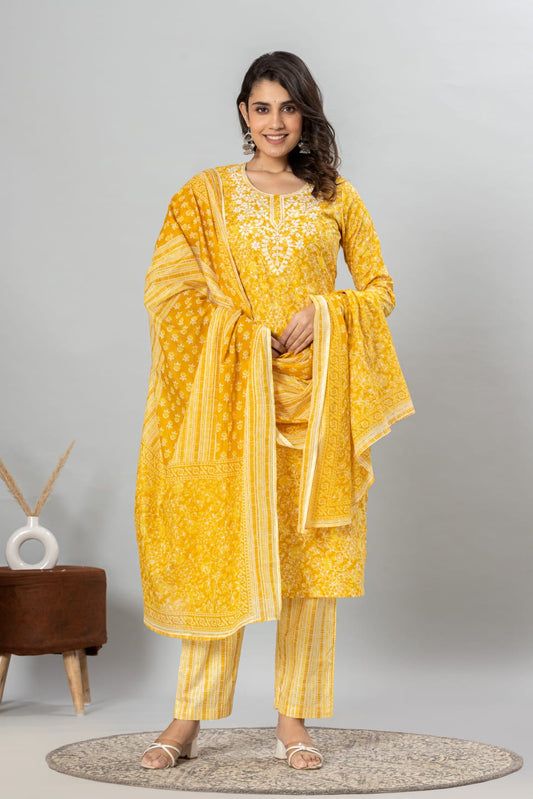 Mustard Printed Suit Set with Dupatta