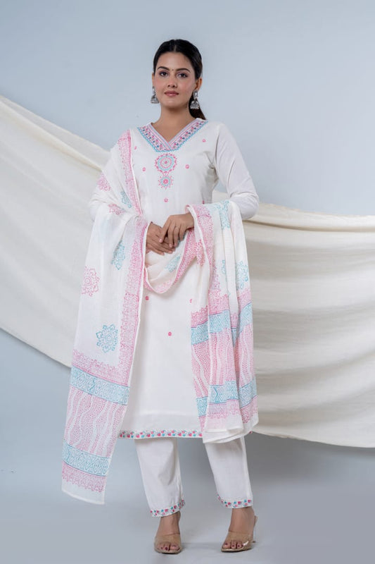 White Pink Printed Suit Set with Dupatta