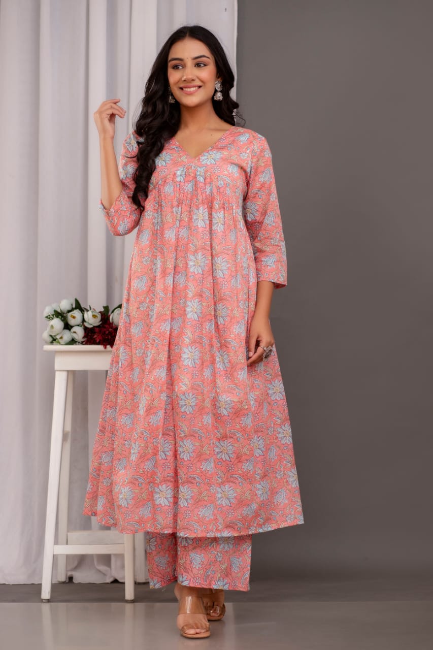 Baby Pink Cotton A-Line Kurta Palazzo Set