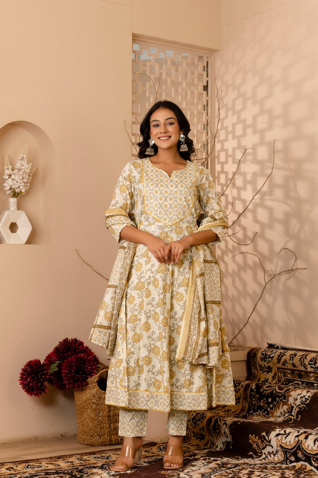 White Golden Print Suit Set with Dupatta