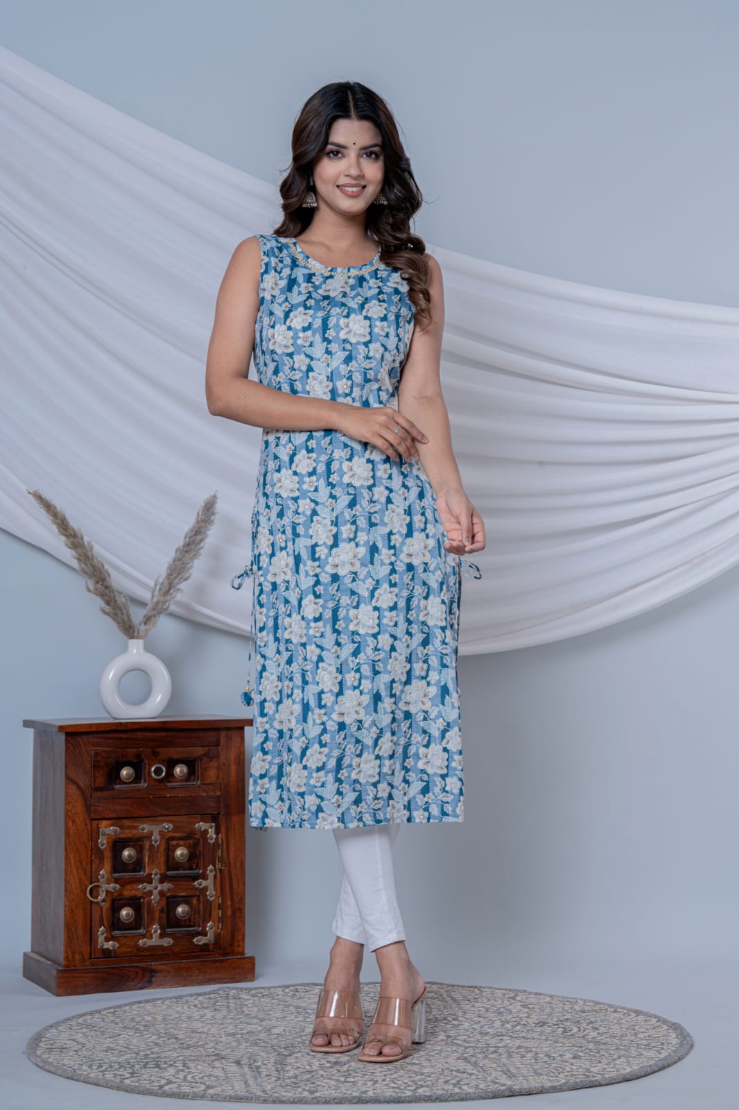 Blue Cotton Straight Kurta Pants Set