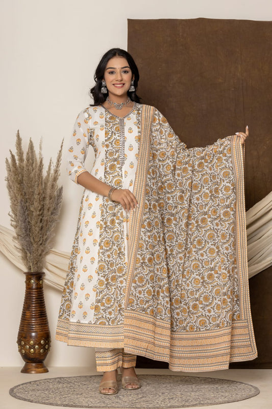 White Brown Suit Set with Dupatta