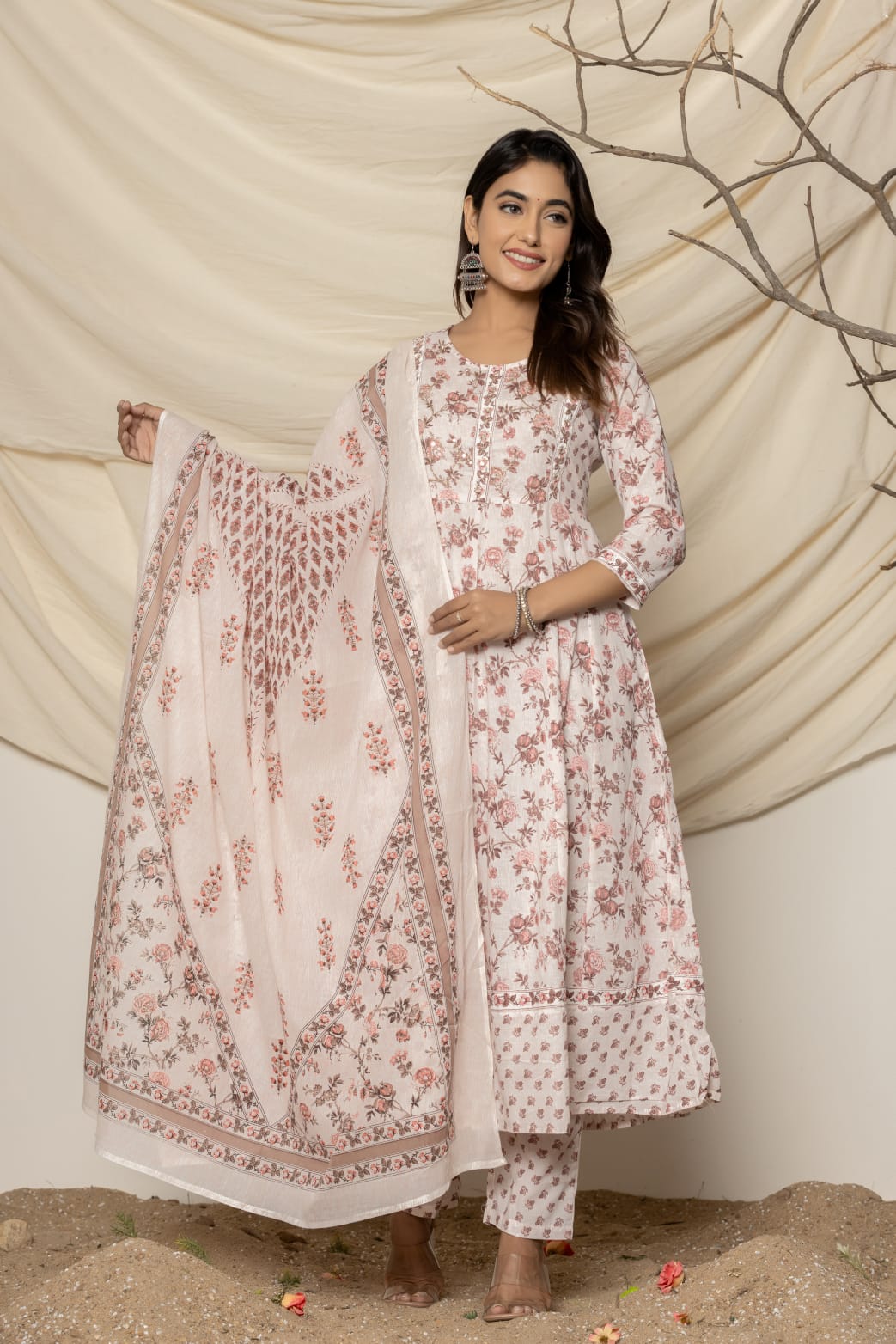 White Pink Printed Suit Set with Dupatta