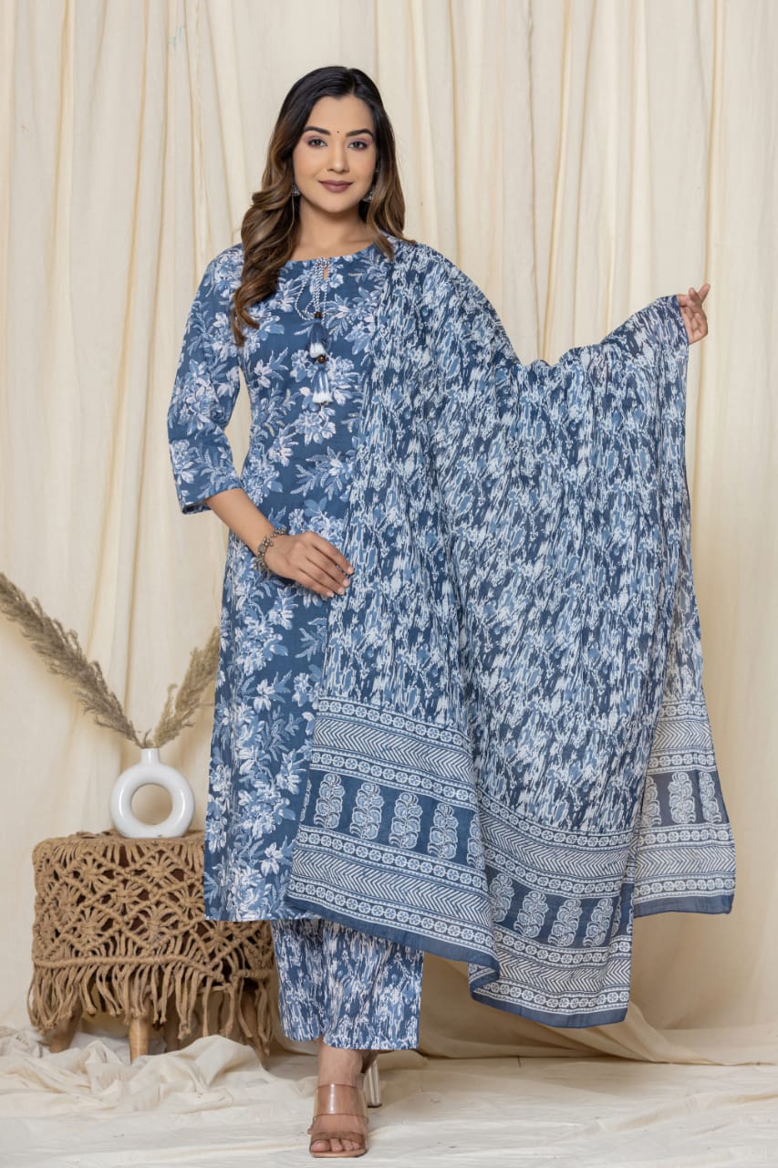 Blue White Floral Printed Suit Set with Dupatta