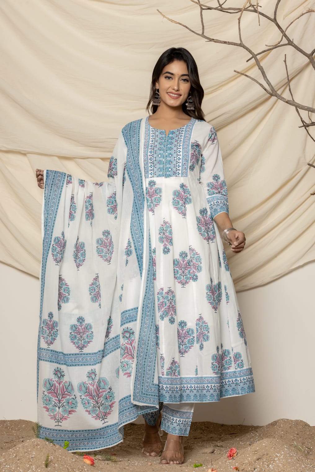 White Blue Printed Suit Set with Dupatta