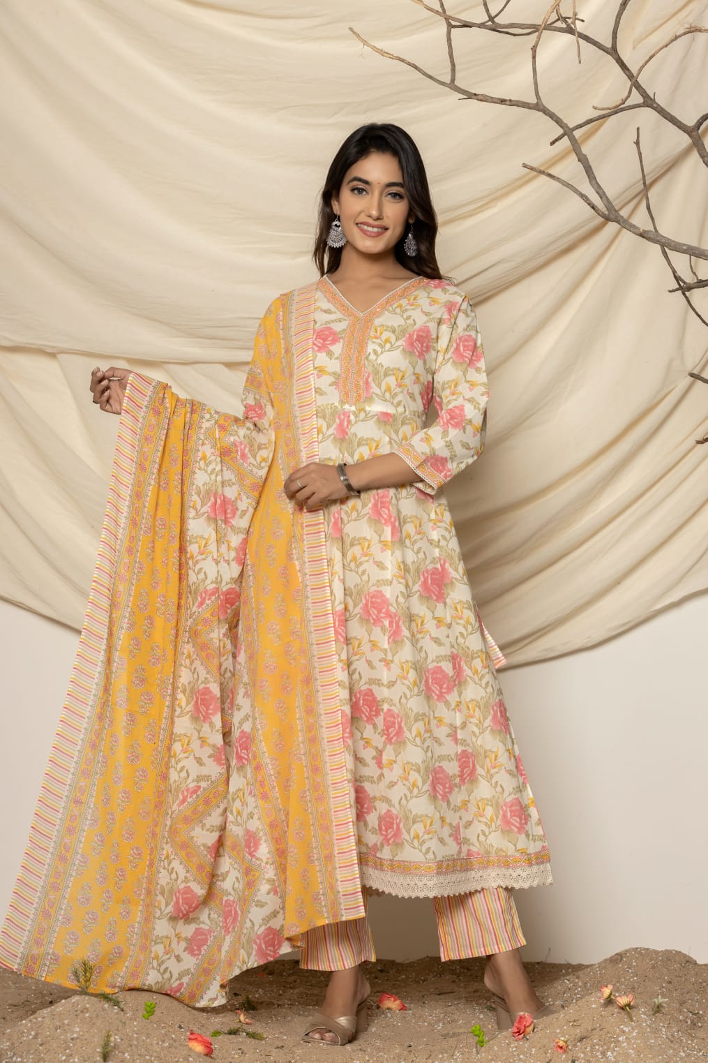 Cream Floral Suit Set with Dupatta