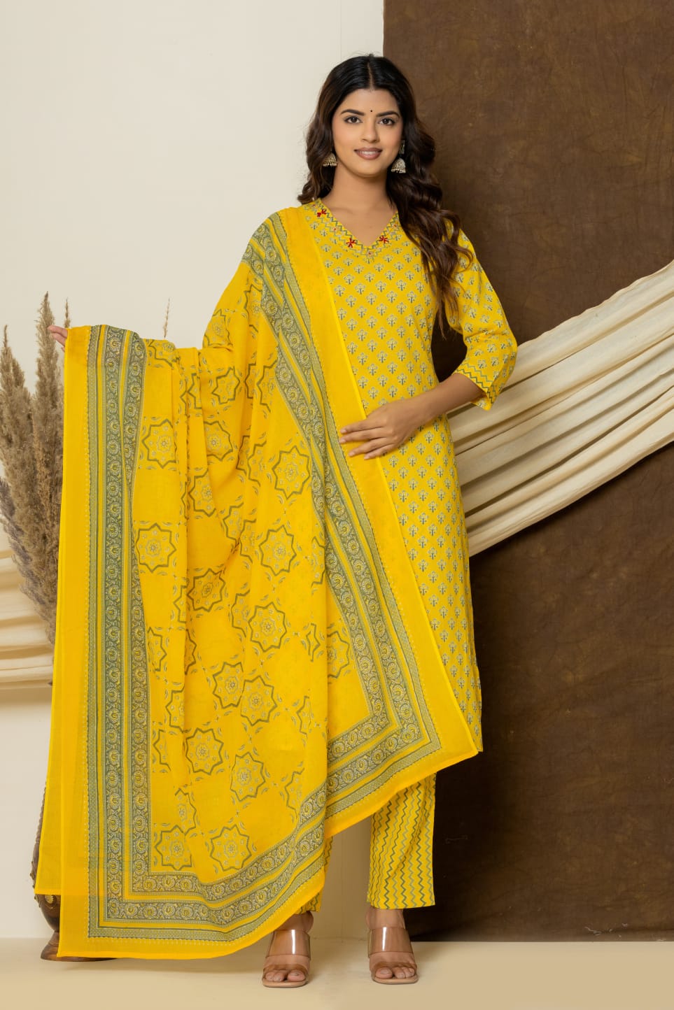 Yellow Green Printed Suit Set with Dupatta