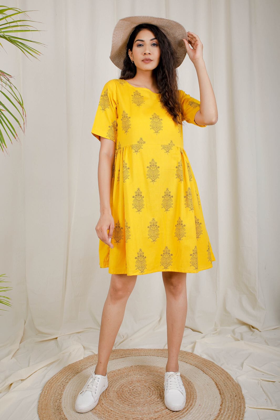 Yellow Short Sleeve Printed Dress