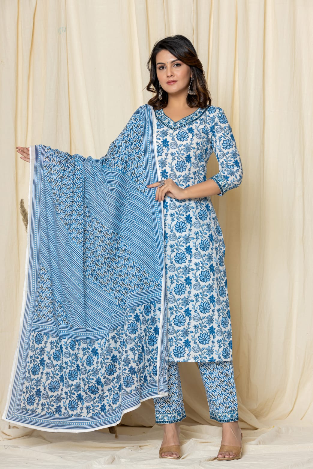 Blue White Printed Suit Set with Dupatta