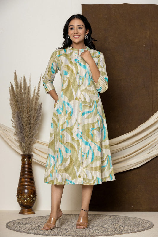 Cream Light Green Printed Dress