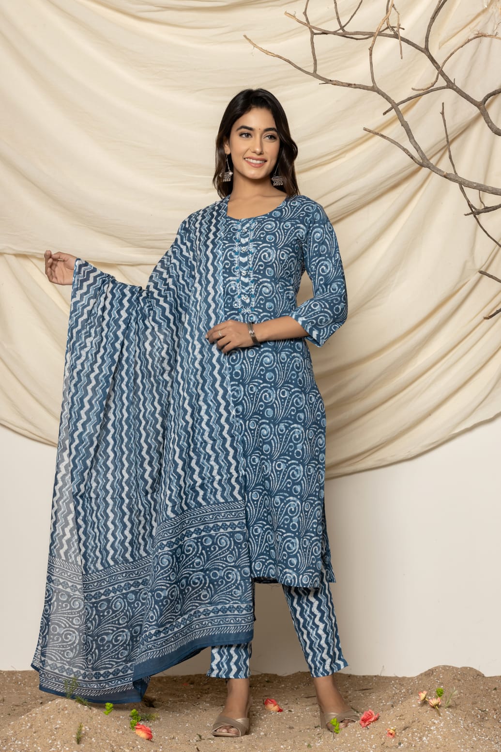 Teal Printed Suit Set with Dupatta