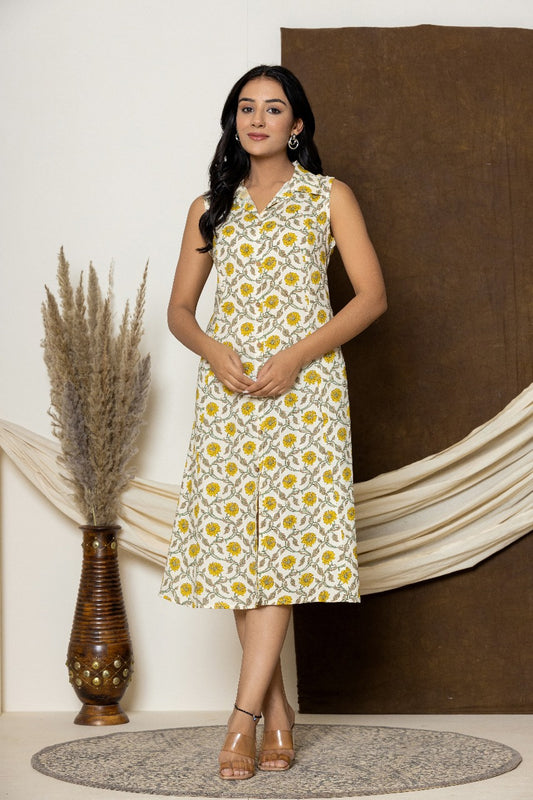 Cream Yellow Floral Printed Dress