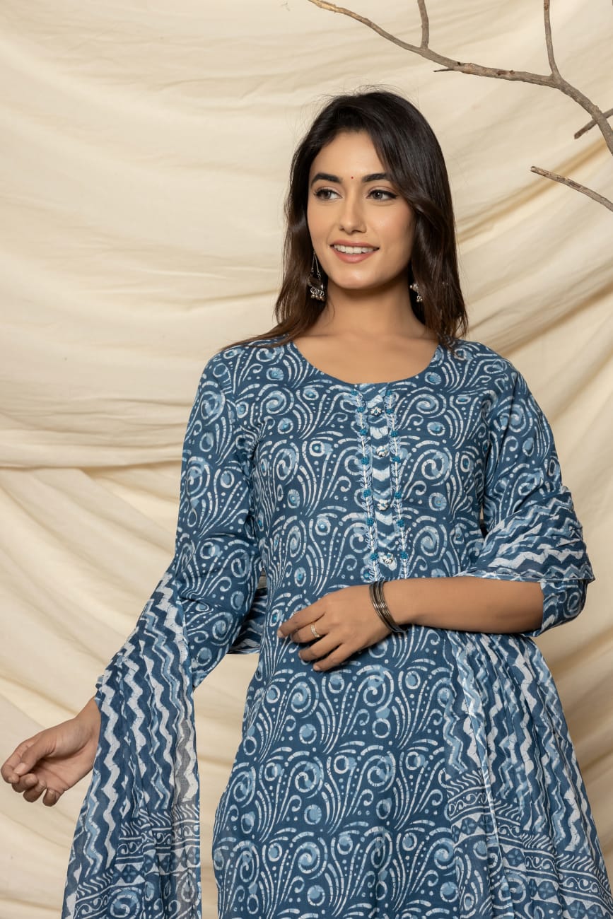 Teal Printed Suit Set with Dupatta