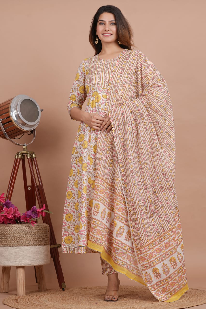 Yellow Printed Suit Set with Dupatta