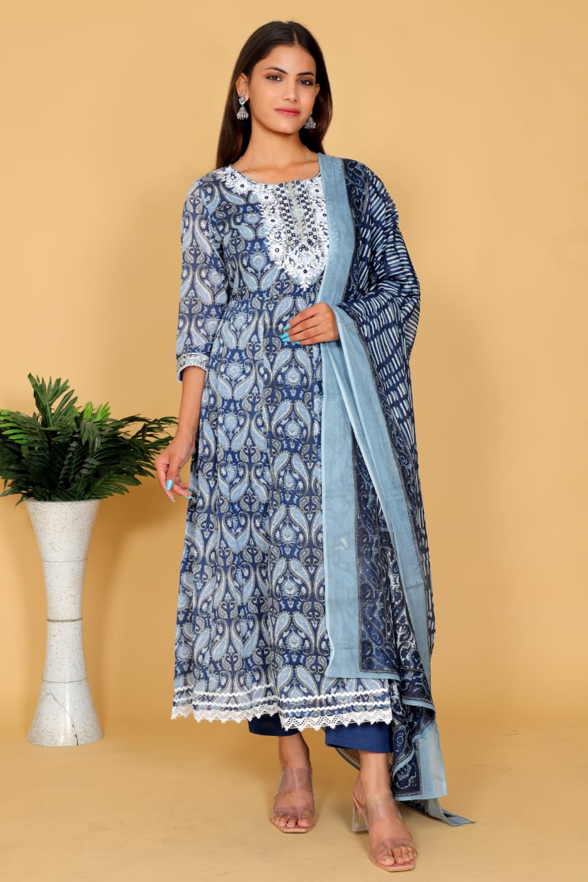 Teal Blue Printed Suit Set with Dupatta